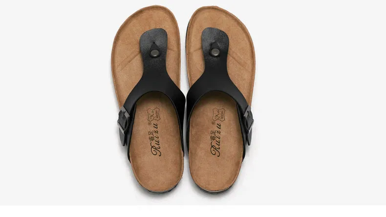 Women’s Black Platform Thong Sandals Pu Leather Cork Flat Sandals_voghion.com