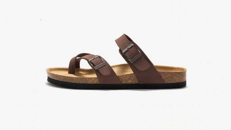 Unisex Khaki Toe Loop Sandals Flat Cork Footbed Adjustable Buckle_voghion.com