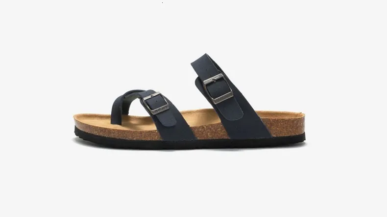 Unisex Khaki Toe Loop Sandals Flat Cork Footbed Adjustable Buckle_voghion.com