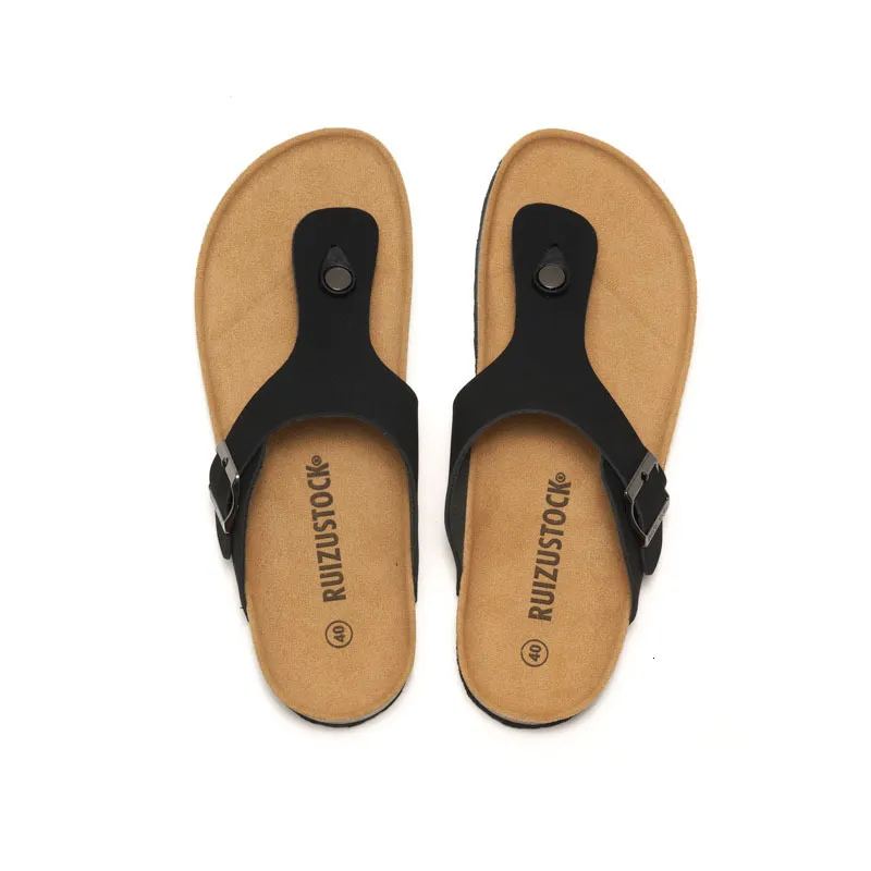 RUIZUSTOCK Unisex Fashion Black Thong Sandals PU Leather Cork Footbed Flat Flip Flops With Adjustable Buckle_voghion.com
