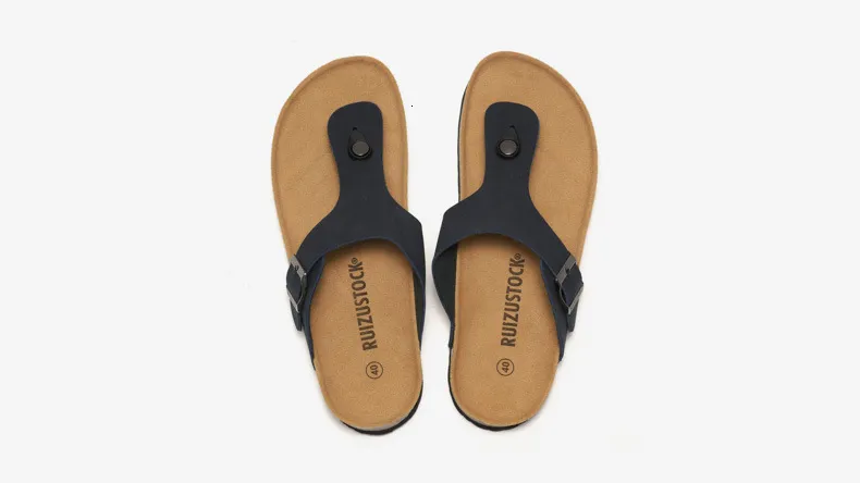 Unisex Black Cork Footbed Sandals Fashion Flat Flip Flops Buckle_voghion.com