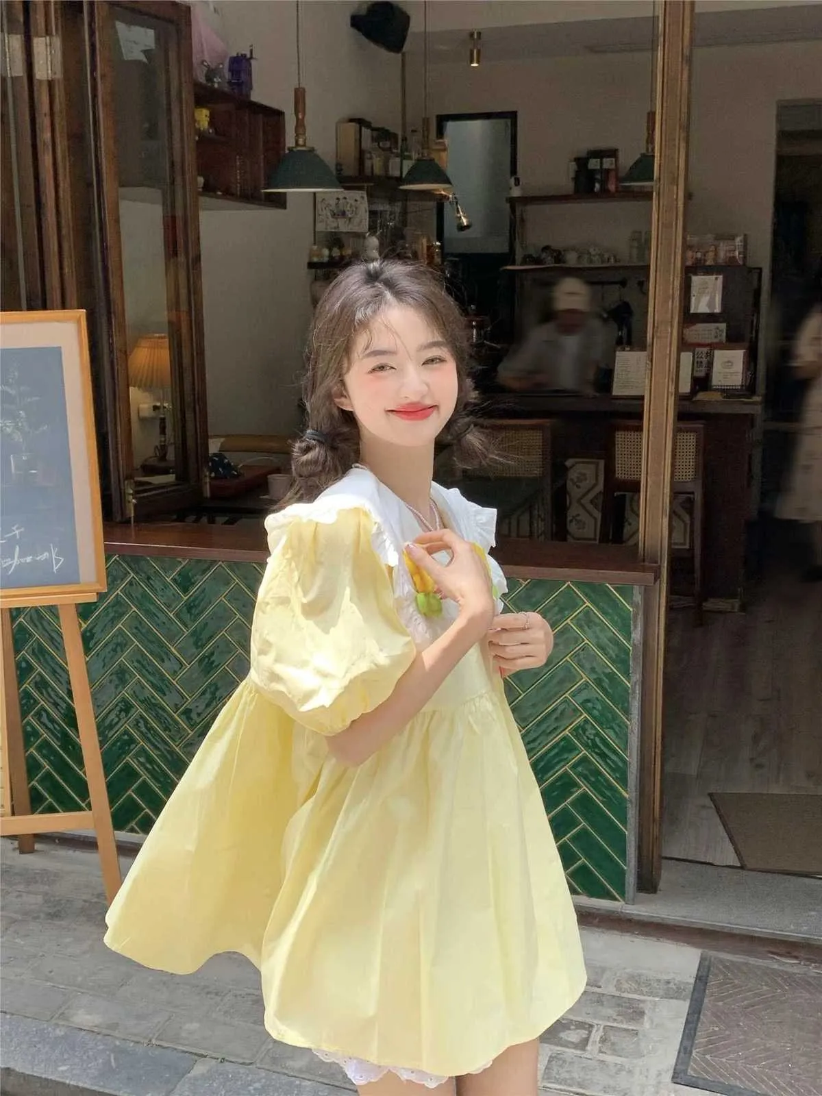 a line peter pan collar dress Girls'Elegant White Summer Sequin Party Peter Pan Collar Dress,A-Line Blue Jacquard Fabric Lantern Sleeve High-End Birthday Dress With Pouch