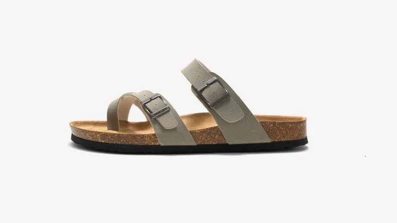 Unisex Khaki Toe Loop Sandals Flat Cork Footbed Adjustable Buckle_voghion.com