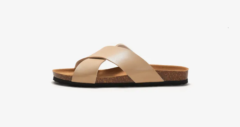 Classic Men Brown Cross Strap Sandals Open Toe Cork Footbed Slides_voghion.com