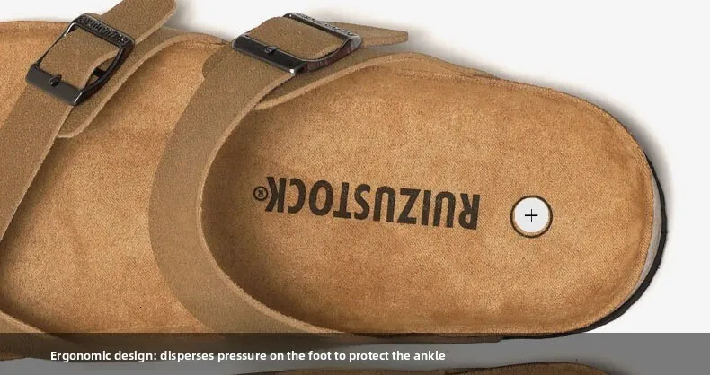 Unisex Khaki Toe Loop Sandals Flat Cork Footbed Adjustable Buckle_voghion.com