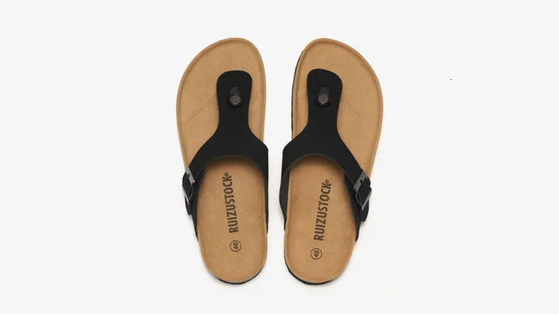 Unisex Black Cork Footbed Sandals Fashion Flat Flip Flops Buckle_voghion.com