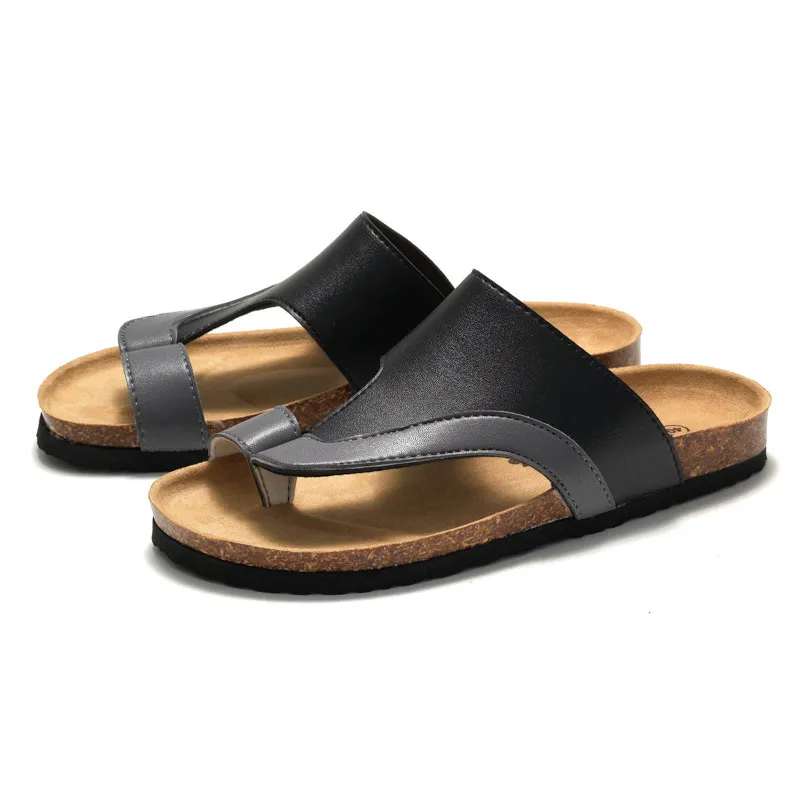 RUIZUSTOCK Men Classic Black Loop Cork Sandals PU Leather Open Toe Slides For Indoor And Outdoor_voghion.com