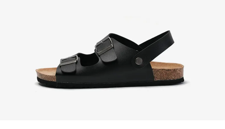 Classic Men Black Double Buckle Cork Sandals Pu Leather Sandals_voghion.com