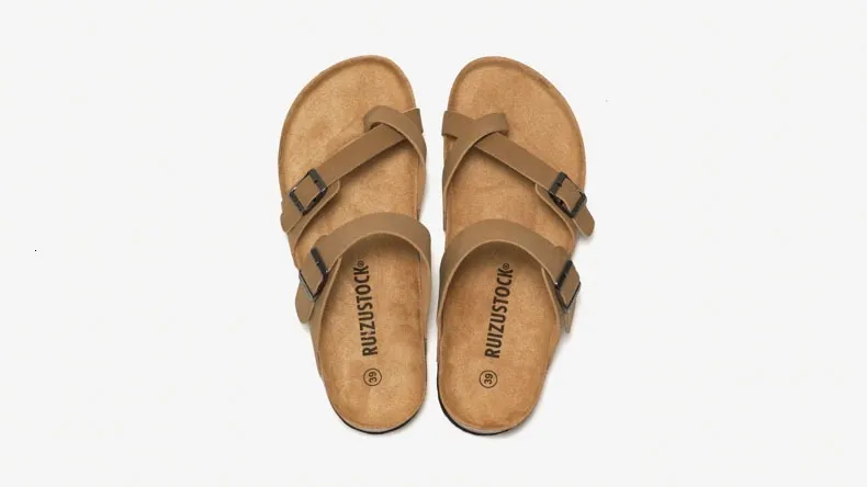 Unisex Khaki Toe Loop Sandals Flat Cork Footbed Adjustable Buckle_voghion.com