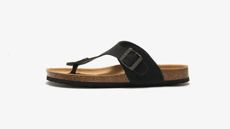 Unisex Black Cork Footbed Sandals Fashion Flat Flip Flops Buckle_voghion.com
