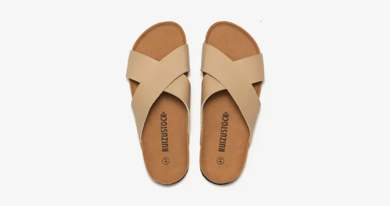 Classic Men Brown Cross Strap Sandals Open Toe Cork Footbed Slides_voghion.com