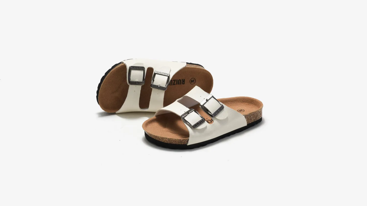 Sandales unisex classiques blanches en liège à double boucle cuir_voghion.com