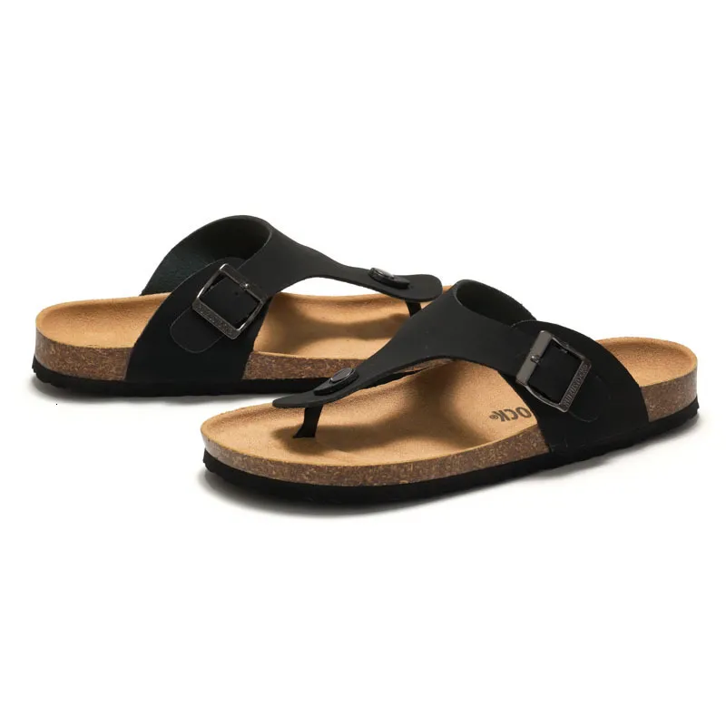RUIZUSTOCK Unisex Fashion Black Thong Sandals PU Leather Cork Footbed Flat Flip Flops With Adjustable Buckle_voghion.com