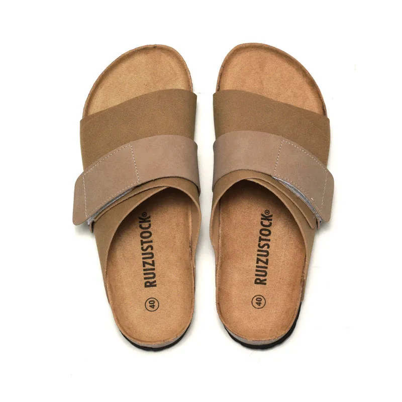 RUIZUSTOCK Unisex Trendy Khaki Beige Two Tone Adjustable Slide Sandals PU Leather Cork Footbed Casual Flat Shoes_voghion.com