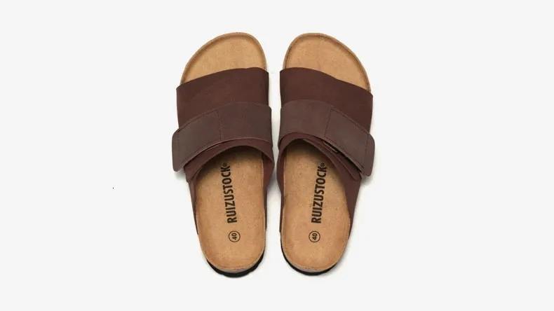 Unisex Khaki Beige Two Tone Adjustable Cork Sandals Flat Shoes_voghion.com