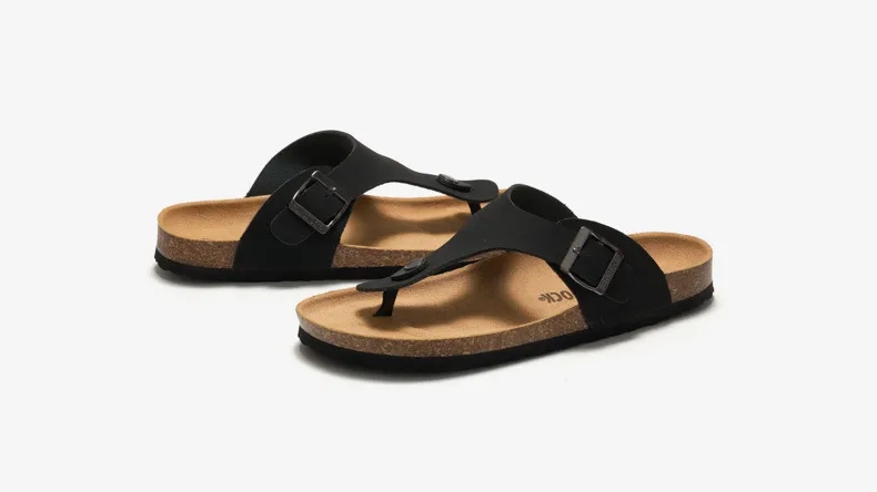 Unisex Black Cork Footbed Sandals Fashion Flat Flip Flops Buckle_voghion.com