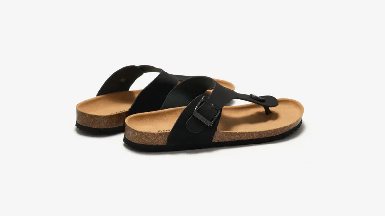 Unisex Black Cork Footbed Sandals Fashion Flat Flip Flops Buckle_voghion.com
