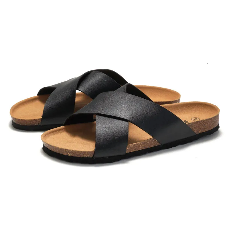 RUIZUSTOCK Men Classic Brown Cross Strap Cork Sandals PU Leather Open Toe Slides For Indoor And Outdoor_voghion.com