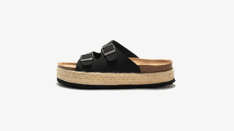Women's Khaki Platform Slide Sandals Suede Double Buckle Flat Shoes_voghion.com