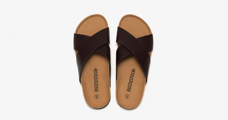 Classic Men Brown Cross Strap Sandals Open Toe Cork Footbed Slides_voghion.com