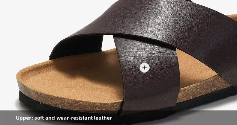 Classic Men Brown Cross Strap Sandals Open Toe Cork Footbed Slides_voghion.com