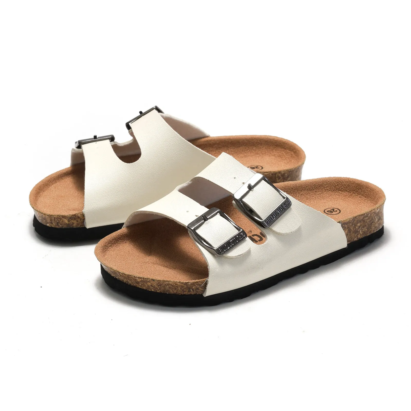 Sandales unisexes classiques blanches à double boucle en liège et cuir PU RUIZUSTOCK pour l'intérieur et l'extérieur_voghion.com
