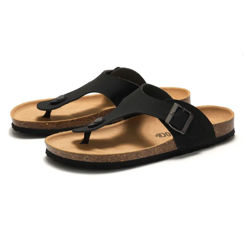 RUIZUSTOCK Unisex Fashion Black Thong Sandals PU Leather Cork Footbed Flat Flip Flops With Adjustable Buckle_voghion.com