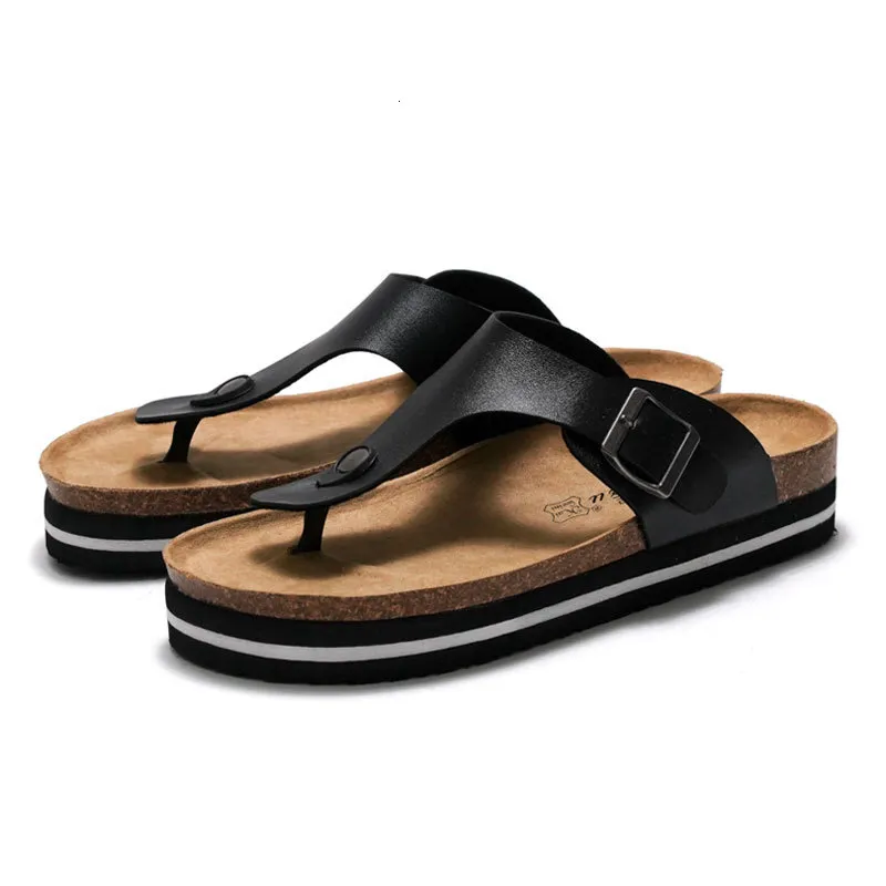 RUIZUSTOCK Women Fashion Black Platform Thong Sandals PU Leather Cork Footbed Flat Flip Flops With Adjustable Buckle_voghion.com