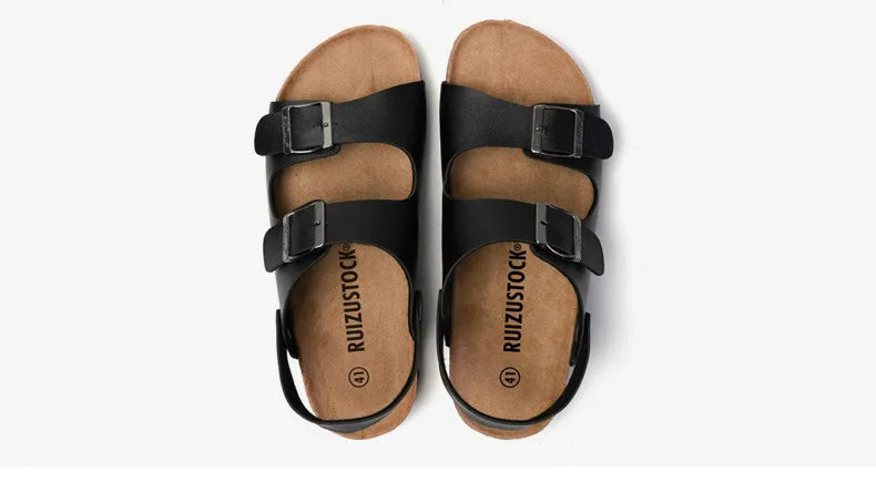 Classic Men Black Double Buckle Cork Sandals Pu Leather Sandals_voghion.com
