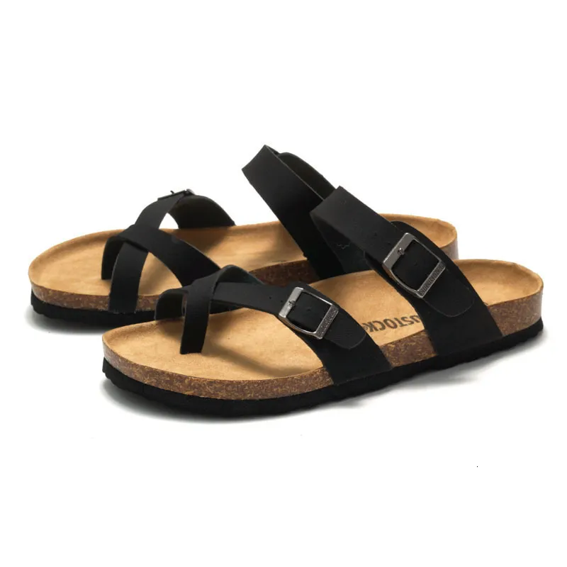 RUIZUSTOCK Unisex Fashion Khaki Toe Loop Sandals PU Leather Cork Footbed Adjustable Buckle Flat Slippers_voghion.com
