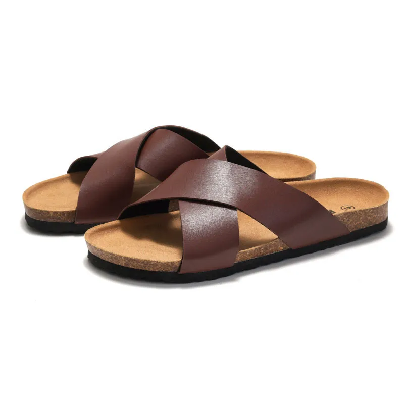 RUIZUSTOCK Men Classic Brown Cross Strap Cork Sandals PU Leather Open Toe Slides For Indoor And Outdoor_voghion.com