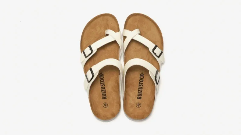 Unisex Khaki Toe Loop Sandals Flat Cork Footbed Adjustable Buckle_voghion.com