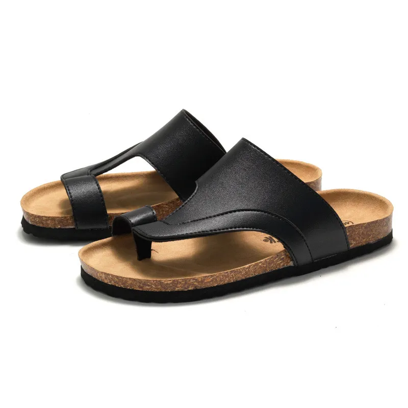 RUIZUSTOCK Men Classic Black Loop Cork Sandals PU Leather Open Toe Slides For Indoor And Outdoor_voghion.com