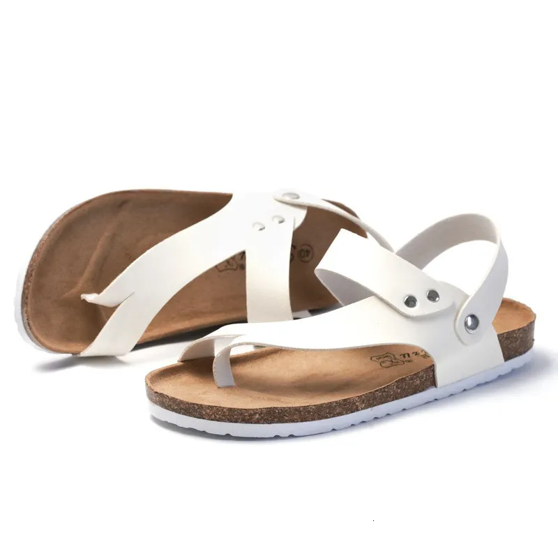 RUIZUSTOCK Unisex Fashion White Thong Slingback Sandals PU Leather Cork Footbed Flat Summer Shoes_voghion.com