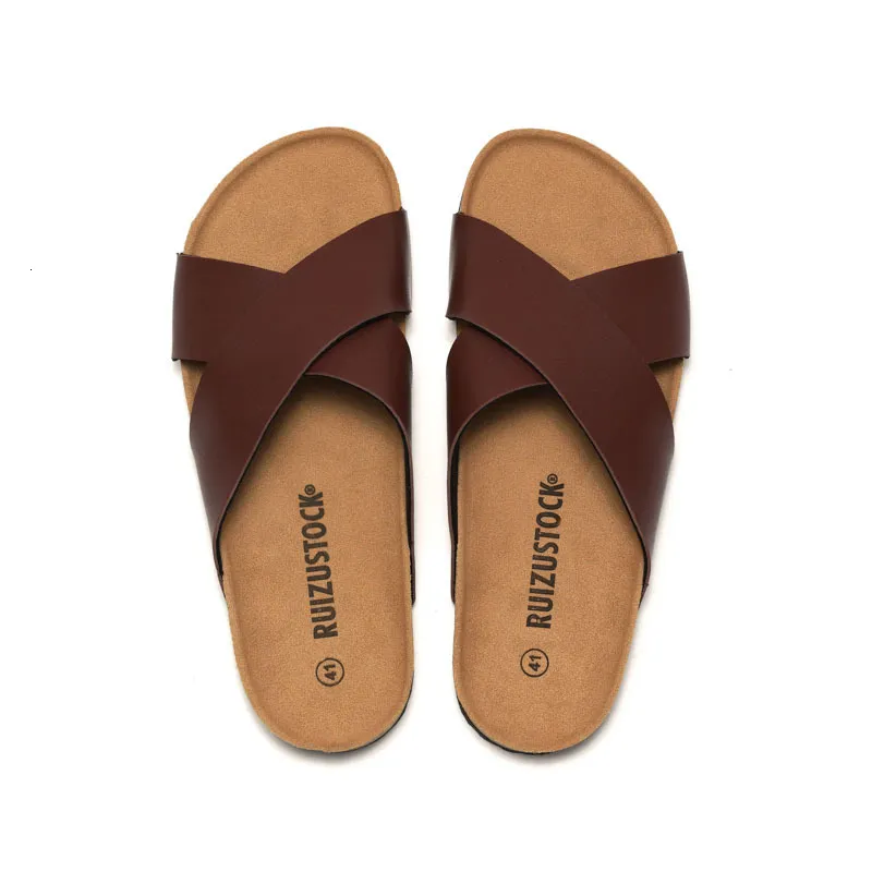 RUIZUSTOCK Men Classic Brown Cross Strap Cork Sandals PU Leather Open Toe Slides For Indoor And Outdoor_voghion.com