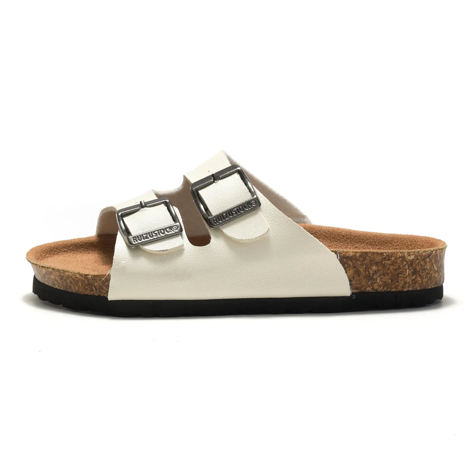 Sandales unisexes classiques blanches à double boucle en liège et cuir PU RUIZUSTOCK pour l'intérieur et l'extérieur_voghion.com