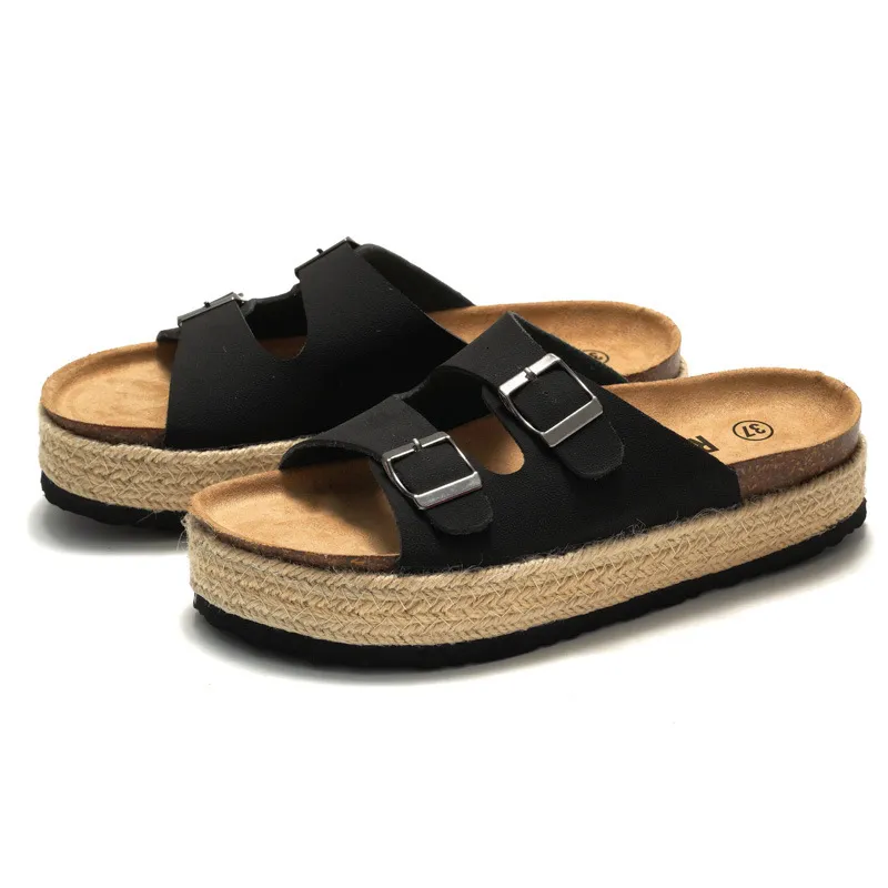 RUIZUSTOCK Women Fashion Khaki Platform Slide Sandals Suede Double Buckle Espadrille Flat Shoes_voghion.com