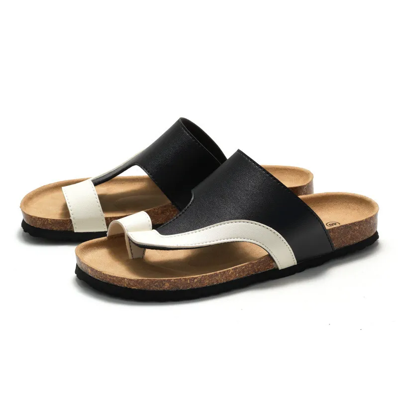 RUIZUSTOCK Men Classic Black Loop Cork Sandals PU Leather Open Toe Slides For Indoor And Outdoor_voghion.com