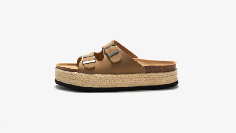 Women's Khaki Platform Slide Sandals Suede Double Buckle Flat Shoes_voghion.com