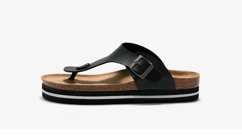 Women’s Black Platform Thong Sandals Pu Leather Cork Flat Sandals_voghion.com