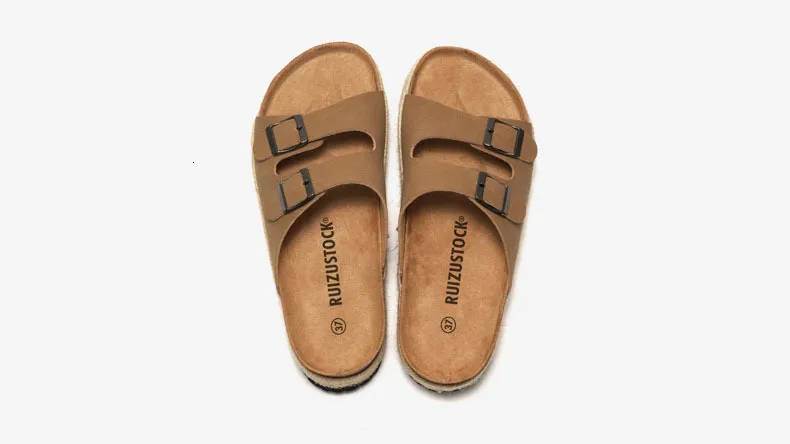 Women's Khaki Platform Slide Sandals Suede Double Buckle Flat Shoes_voghion.com