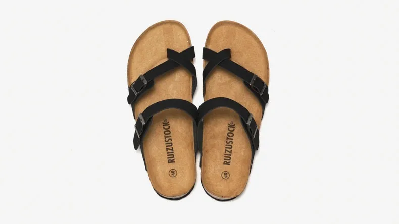 Unisex Khaki Toe Loop Sandals Flat Cork Footbed Adjustable Buckle_voghion.com