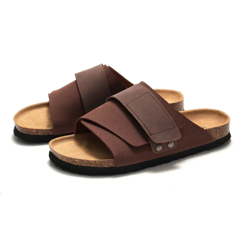 RUIZUSTOCK Unisex Trendy Khaki Beige Two Tone Adjustable Slide Sandals PU Leather Cork Footbed Casual Flat Shoes_voghion.com