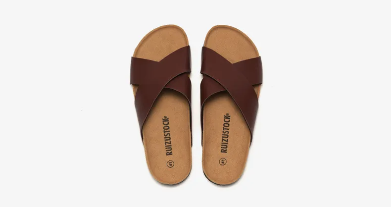 Classic Men Brown Cross Strap Sandals Open Toe Cork Footbed Slides_voghion.com
