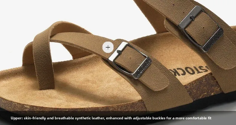Unisex Khaki Toe Loop Sandals Flat Cork Footbed Adjustable Buckle_voghion.com
