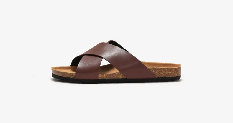 Classic Men Brown Cross Strap Sandals Open Toe Cork Footbed Slides_voghion.com