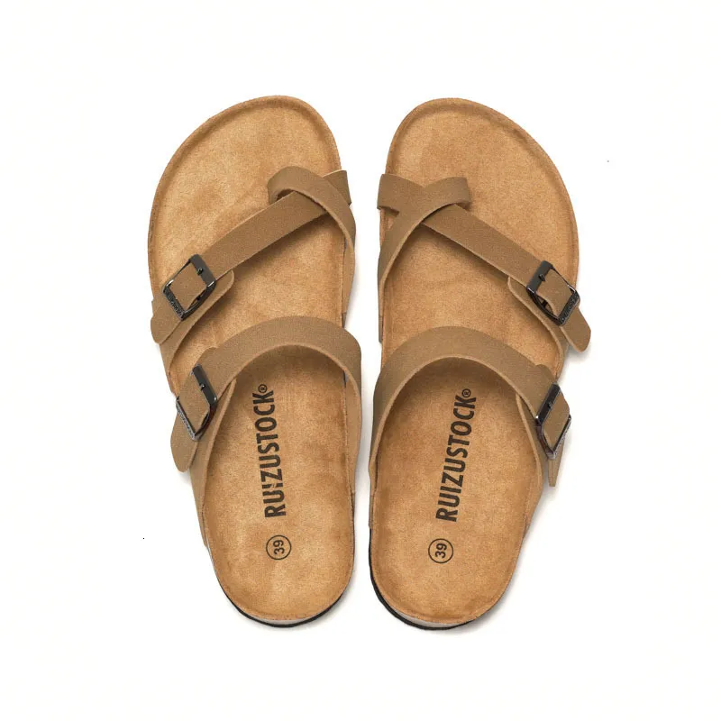 RUIZUSTOCK Unisex Fashion Khaki Toe Loop Sandals PU Leather Cork Footbed Adjustable Buckle Flat Slippers_voghion.com