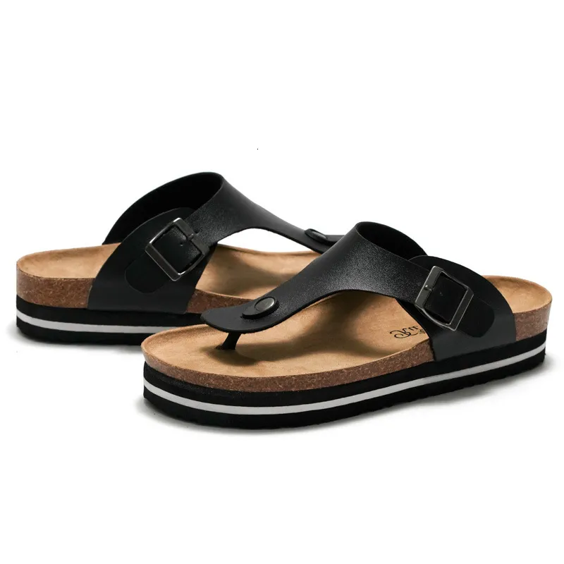 RUIZUSTOCK Women Fashion Black Platform Thong Sandals PU Leather Cork Footbed Flat Flip Flops With Adjustable Buckle_voghion.com