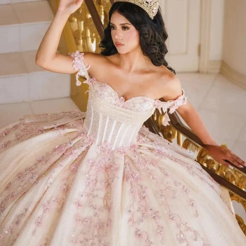 Off Shoulder Sweetheart Champagne Pink Quinceanera... From Kyuremweding, Rs.22,468.57