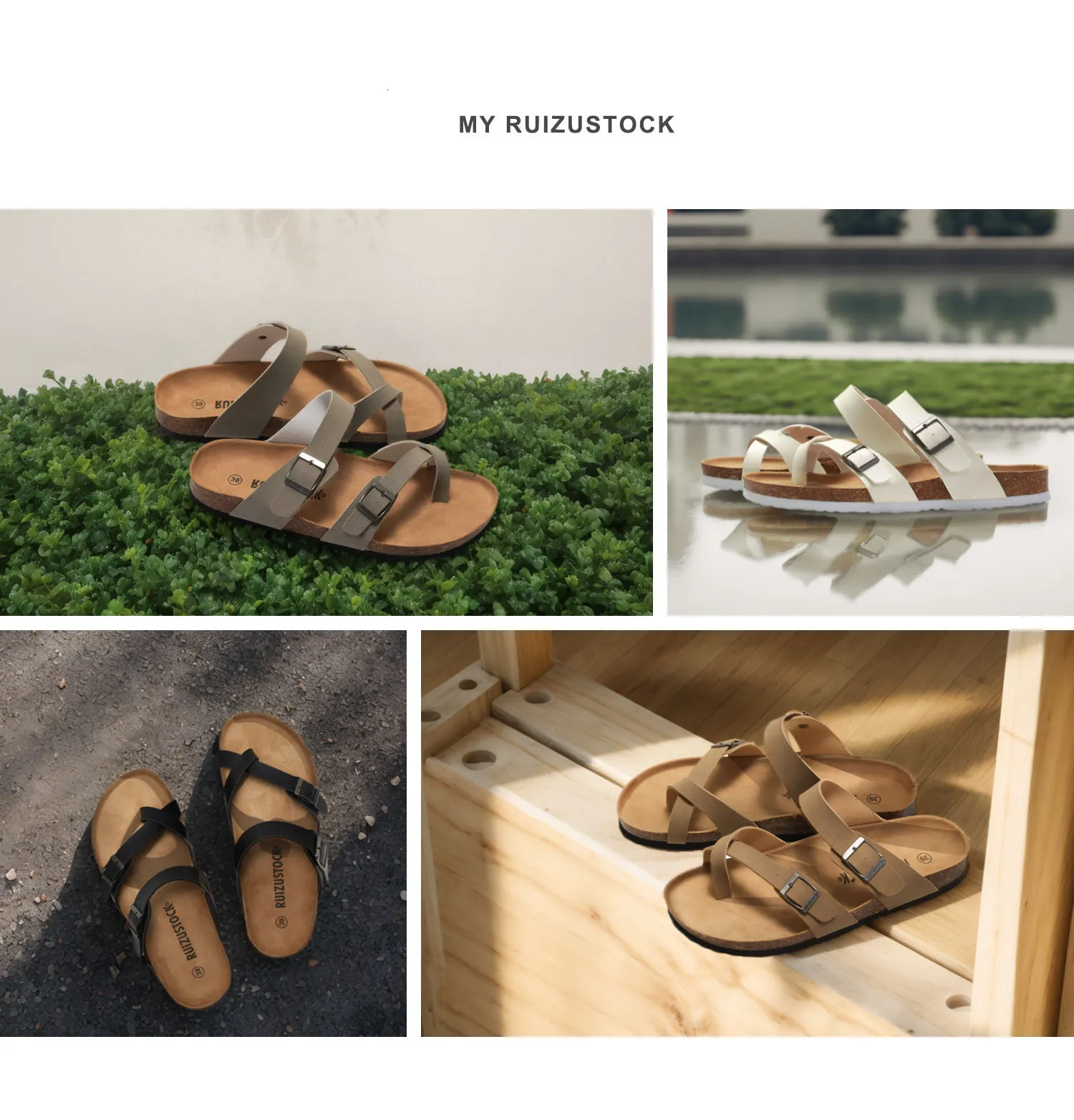 Unisex Khaki Toe Loop Sandals Flat Cork Footbed Adjustable Buckle_voghion.com